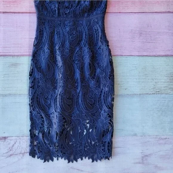 Bardot Isa Blue Lace Halter Neck Sleeveless Fitted Cocktai Sheath Midi Dress  4US
